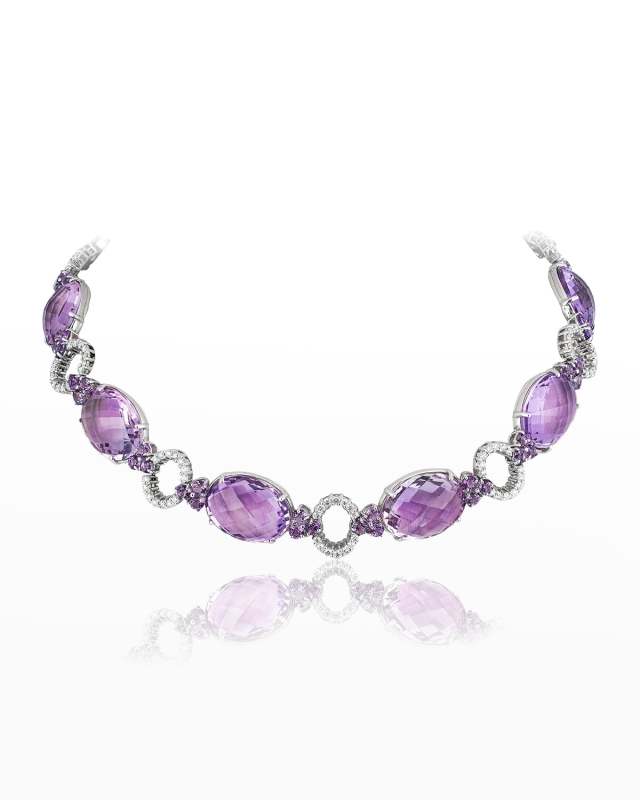 White Gold Diamond and Faceted Amethyst Necklace